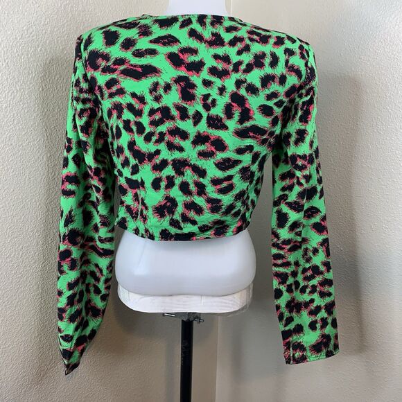 Vero Moda Long Sleeve Twist Crop Top Irish Green Anette Leopard Blouse Sz S - Picture 8 of 10